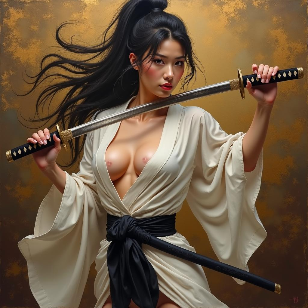 A masterfully rendered oil painting of an alluring female samurai.A dynamic, full-body portrait. She has a slender, willowy …